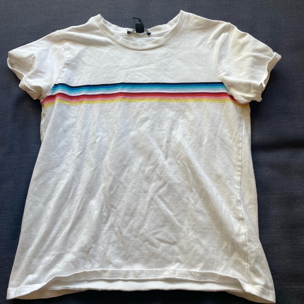 White tee with rainbow stripes!